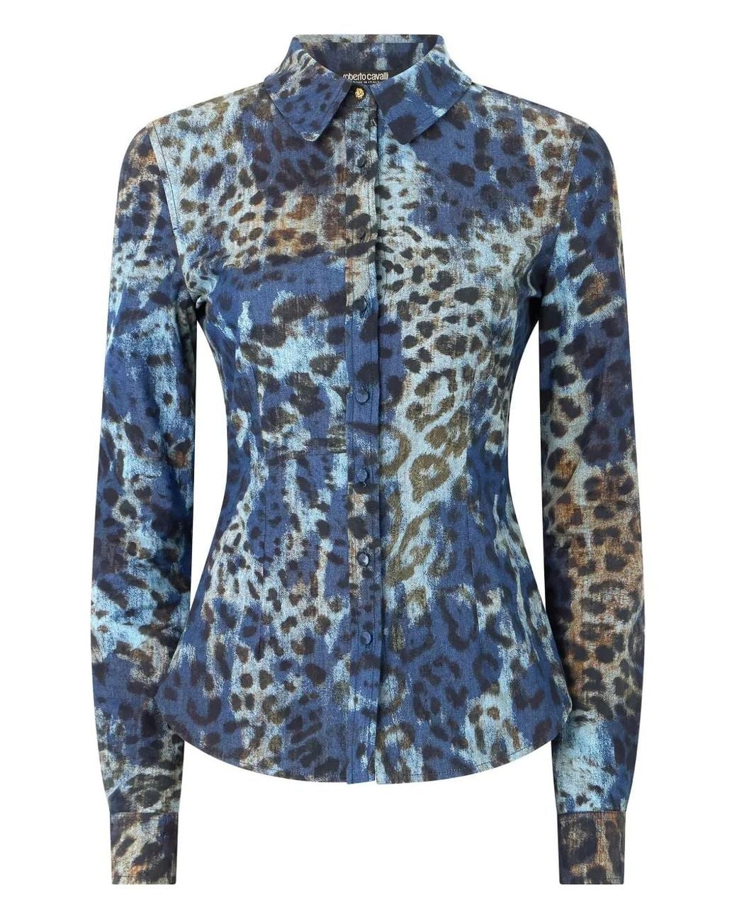 Roberto Cavalli Blue Leopard-Print Button-Up Shirt