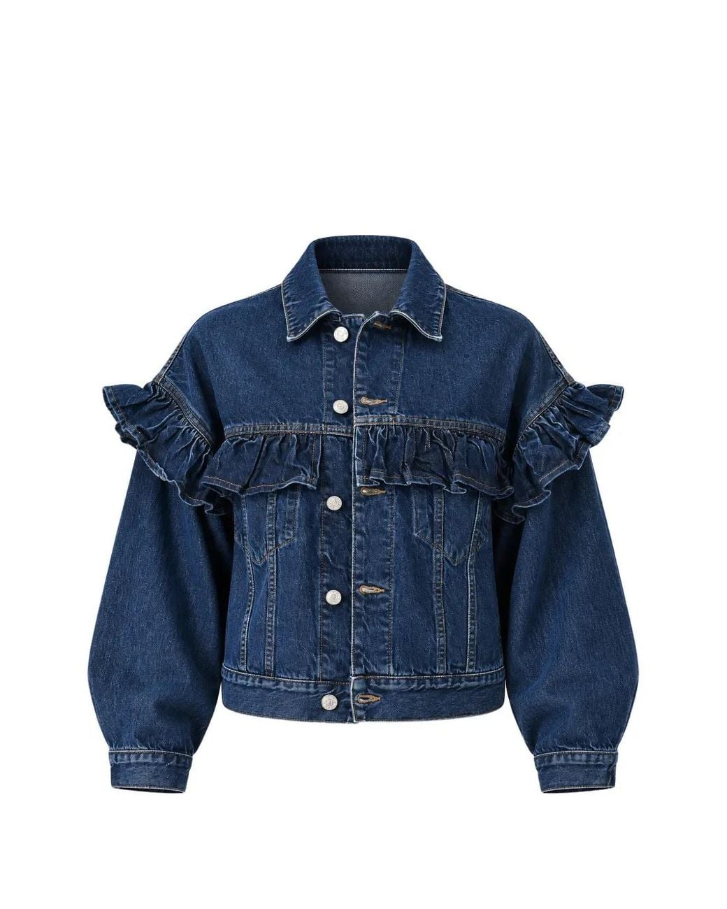 FRAME Blue Ruffle-Trimmed Denim Jacket
