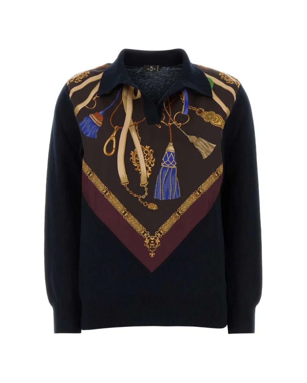 Etro Black Wool And Cashmere Sweater With Zip And Silk Insert