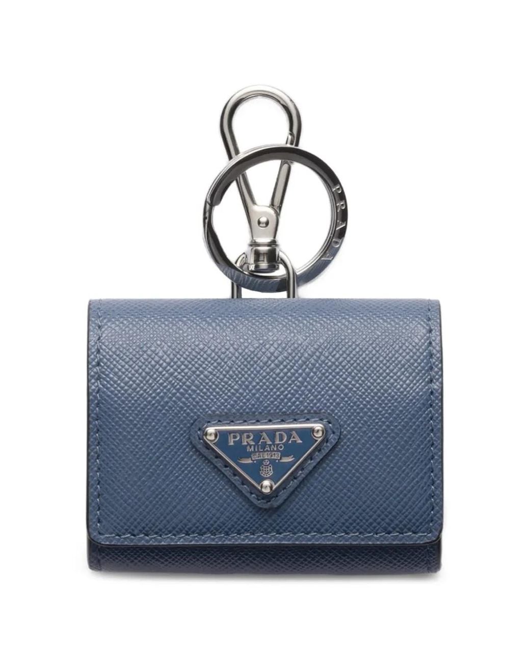 Prada Blue Saffiano Leather Headphone Case With Keychain for men