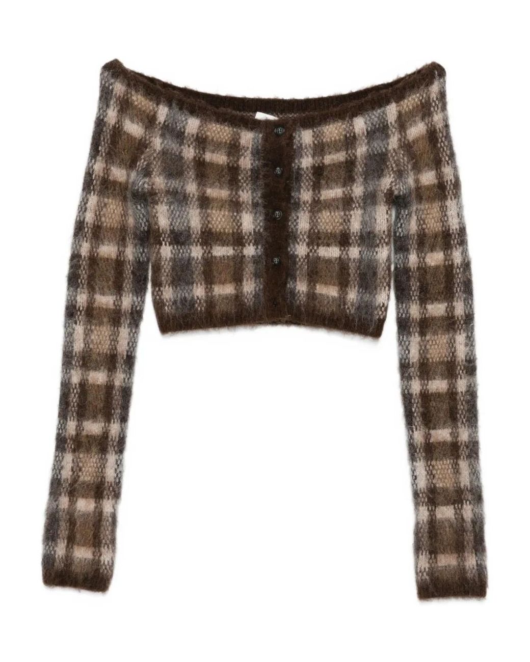 Nanushka Brown Off-Shoulder Check Cardigan