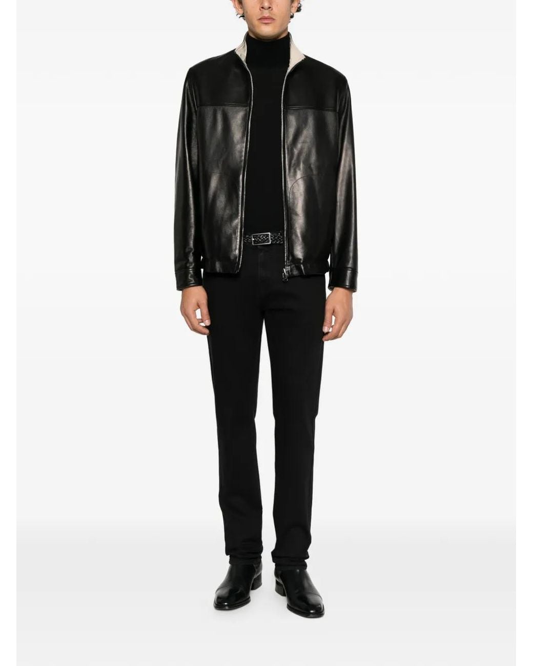 Canali Black Zip-Up Leather Jacket for men