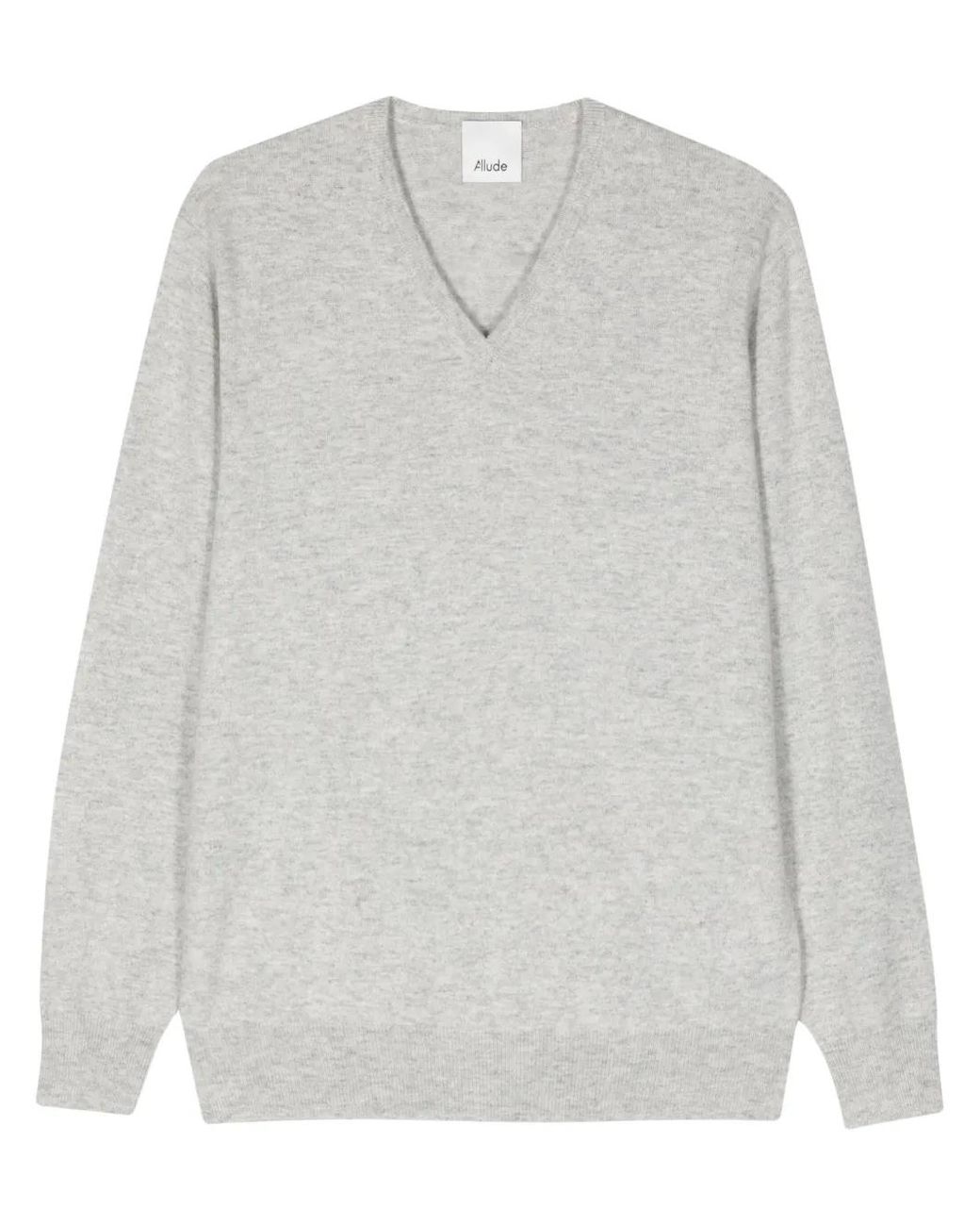 Allude White V-Neck Cashmere Jumper for men