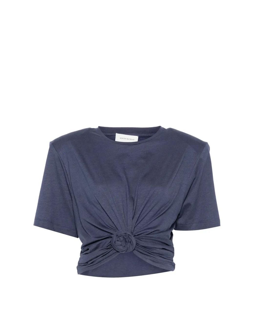 Magda Butrym Blue Padded-Shoulder Knotted T-Shirt