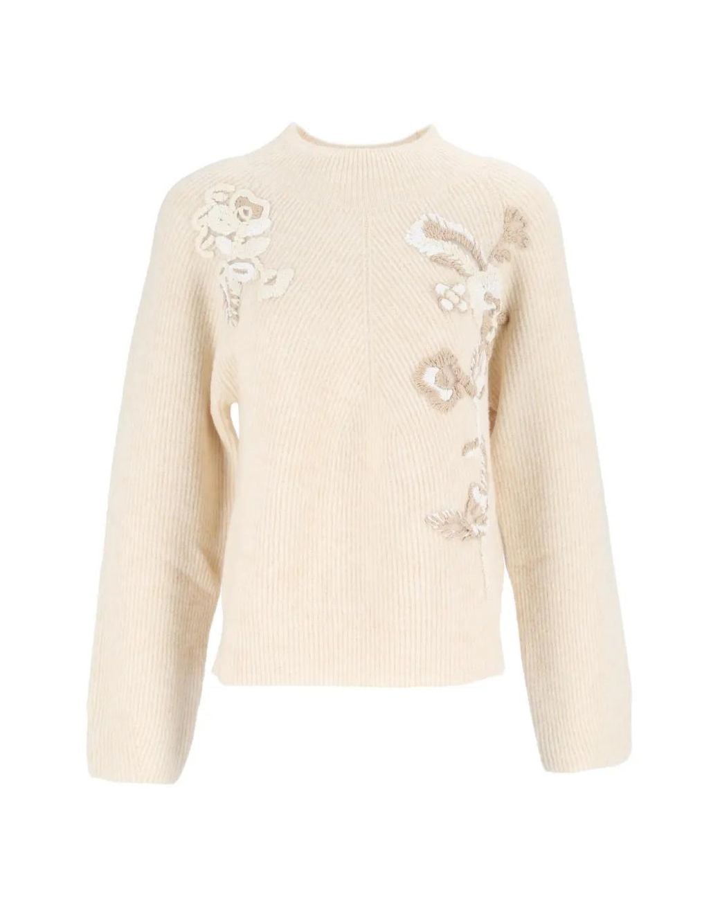 Ermanno Scervino Natural Floral-Embroidered Ribbed-Knit Sweater