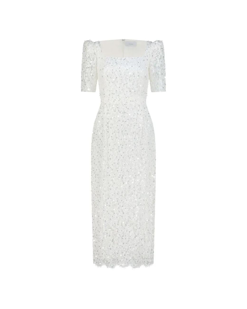Adamaris White Sequin-Embroidered Lace Midi Dress