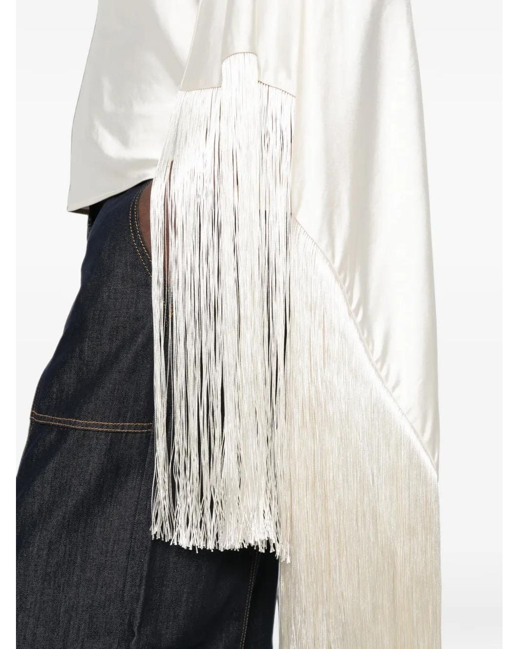 Self-Portrait White Satin Fringed Scarf Top