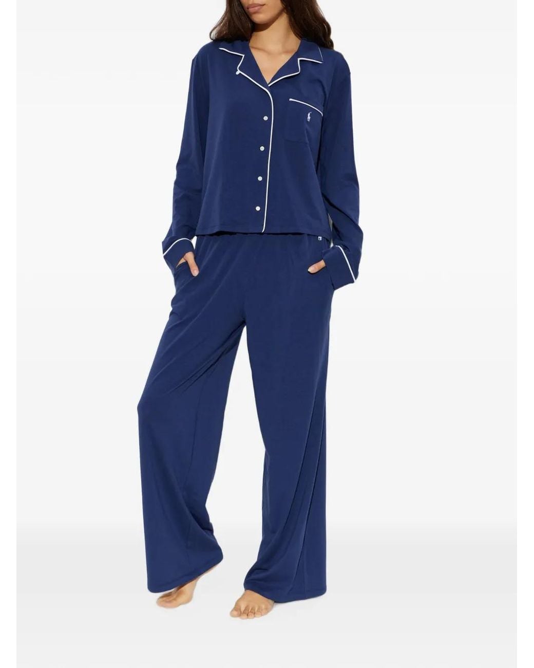 Polo Ralph Lauren Blue Logo-Embroidered Contrast-Trim Pajama