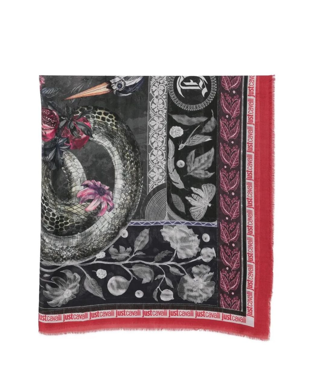 Just Cavalli Black Floral-Print Fringed Scarf