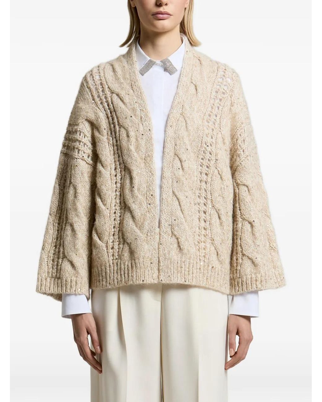 Peserico Natural Sequin-Embellished Cable-Knit Cardigan