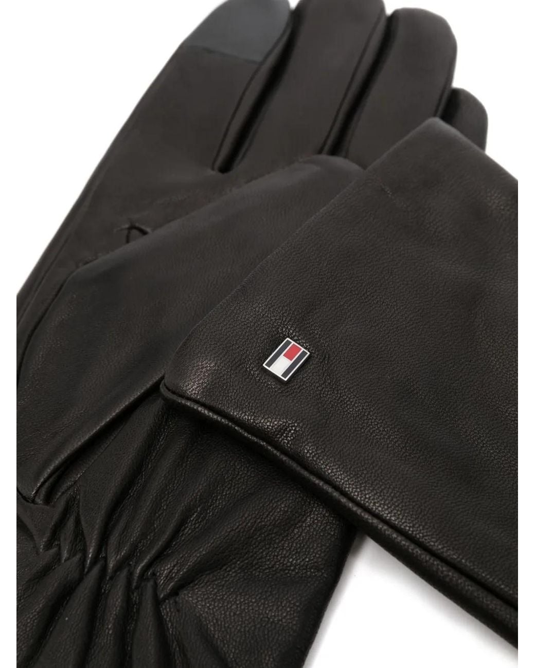 Tommy Hilfiger Black Logo-Patch Leather Gloves for men