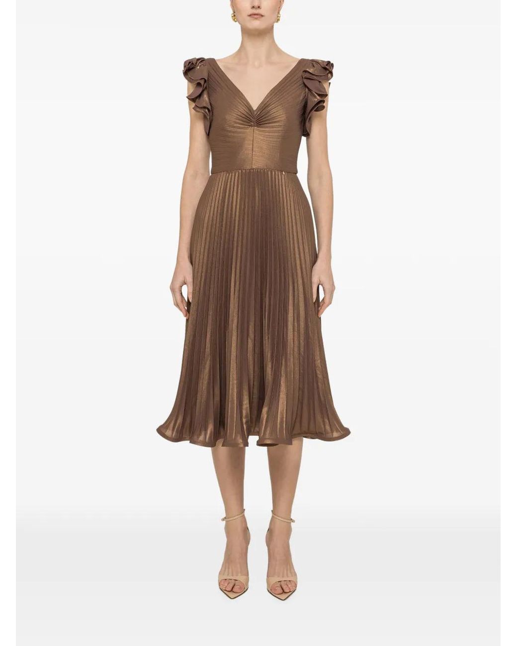 Nissa Natural Ruffled Pleated Midi Dress