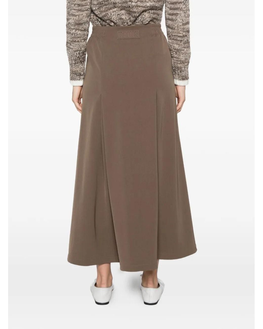 Rains Brown Pleated Logo-Patch Maxi Skirt