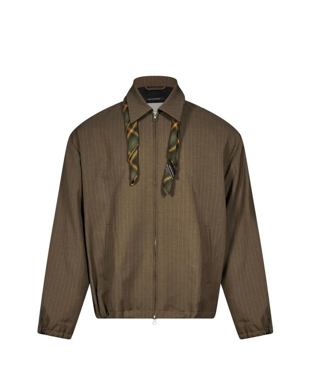 Song For The Mute Brown Pinstripe-Pattern Scarf-Detail Jacket for men
