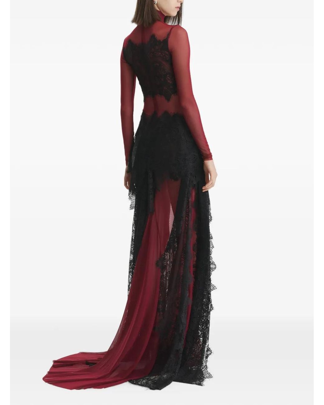 2310 STUDIO Red Lace-Panelled Semi-Sheer Maxi Dress