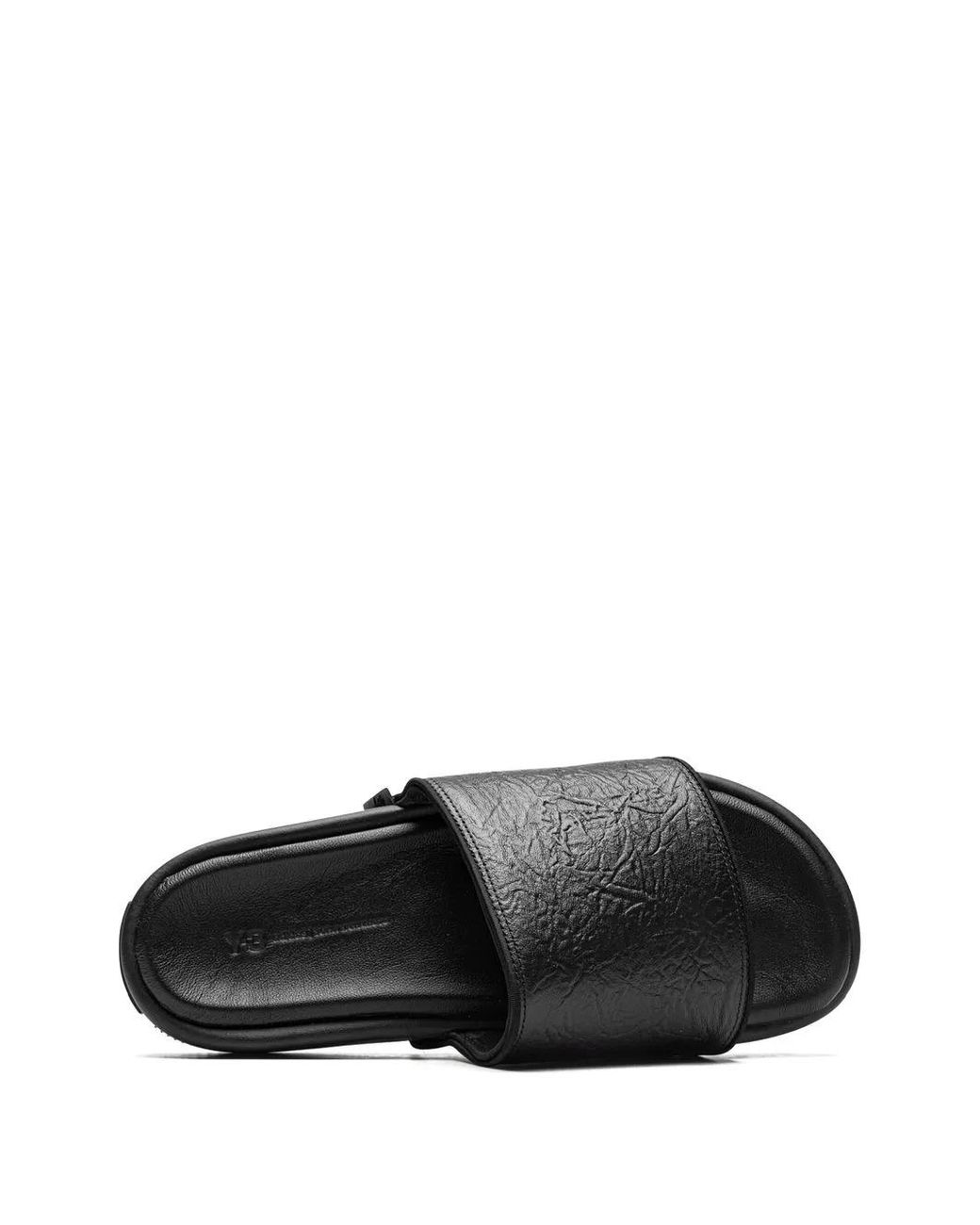 Y-3 Black Leather Flatform Slides for men
