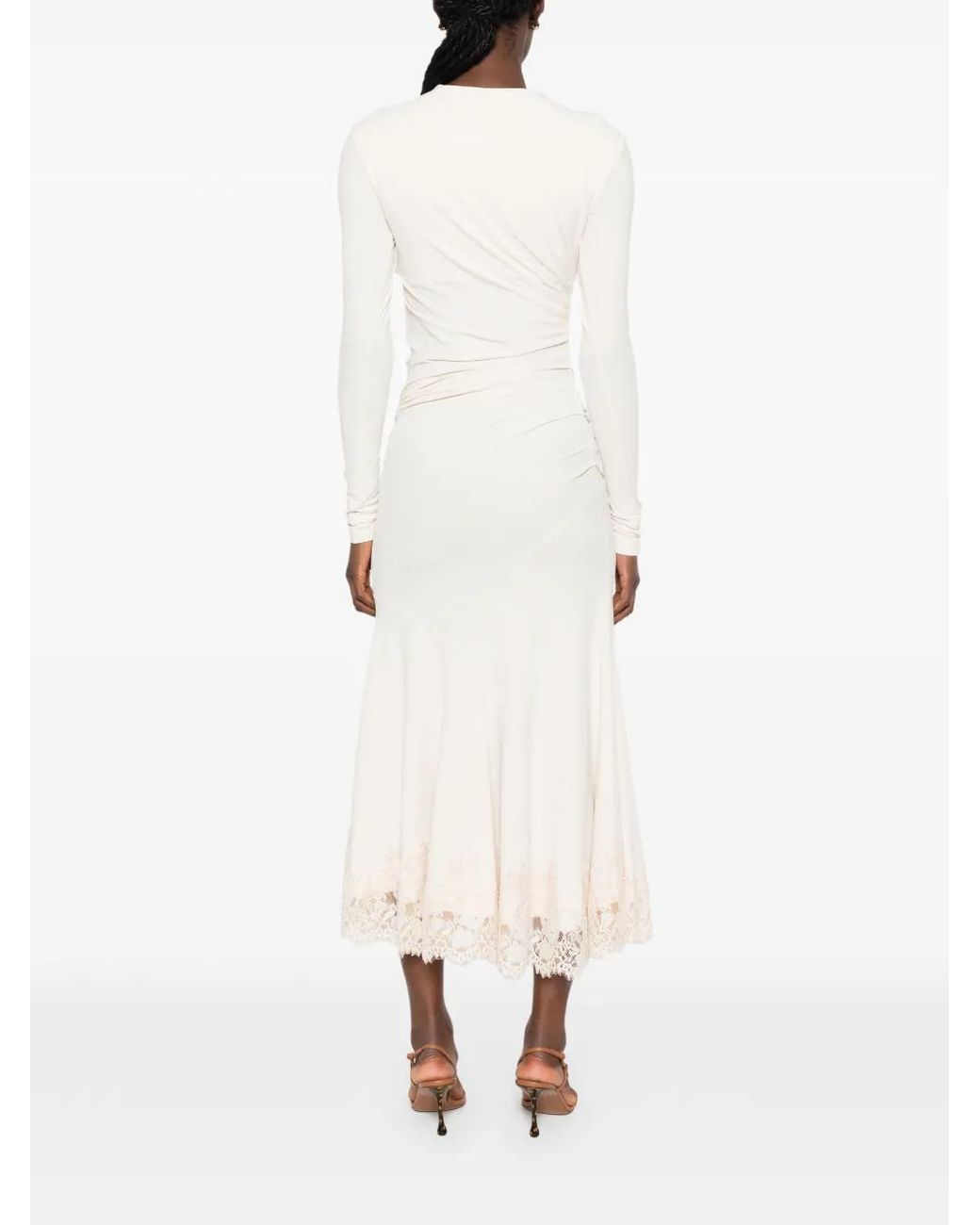 Alberta Ferretti White Lace-Trim Ruched Midi Dress