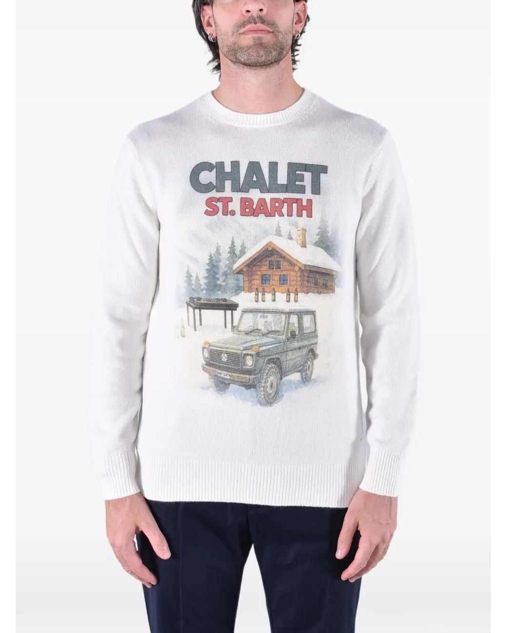 Mc2 Saint Barth White Heron Crewneck Crewneck With Intarsia And Embroidery for men