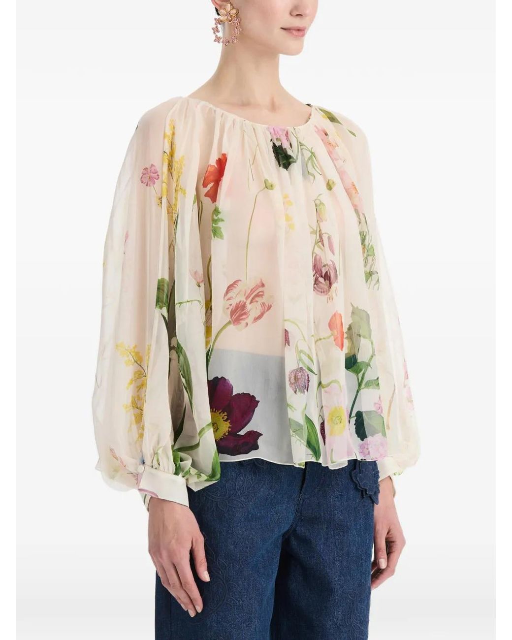 Oscar de la Renta White Botanical-Print Silk-Chiffon Blouse