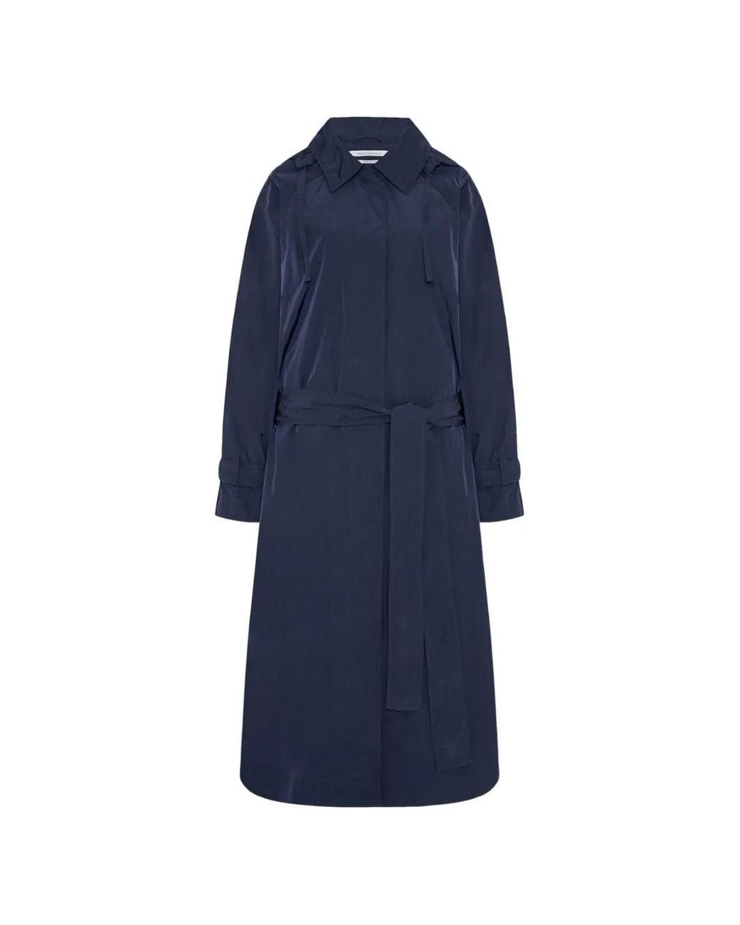 Another Tomorrow Blue Belted Hooded Trench Coat