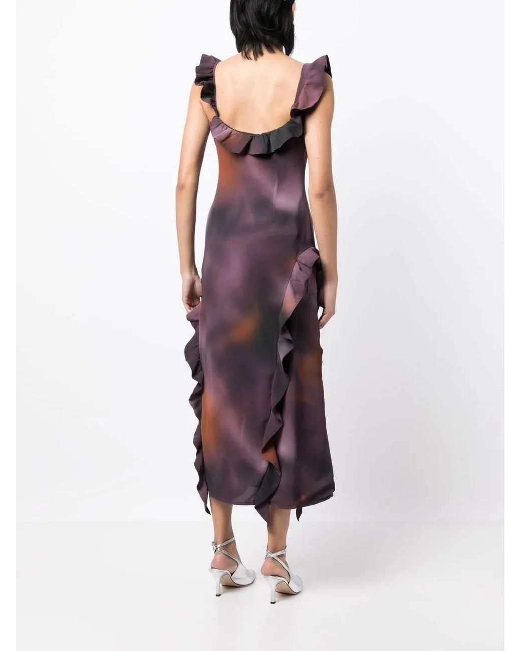 ROKH Purple Abstract Ruffle Midi Dress