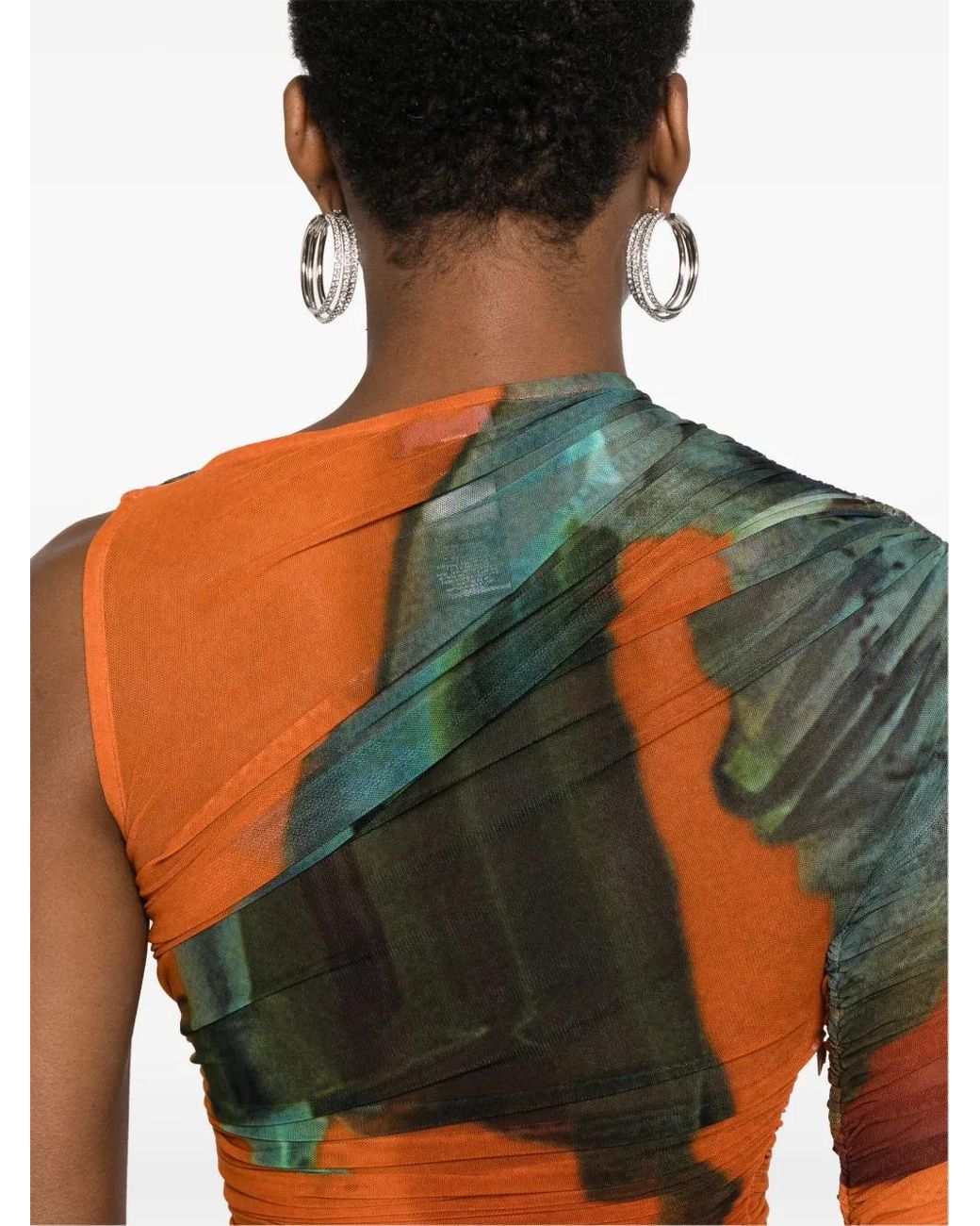 Mugler Orange Asymmetric Mesh Print Dress
