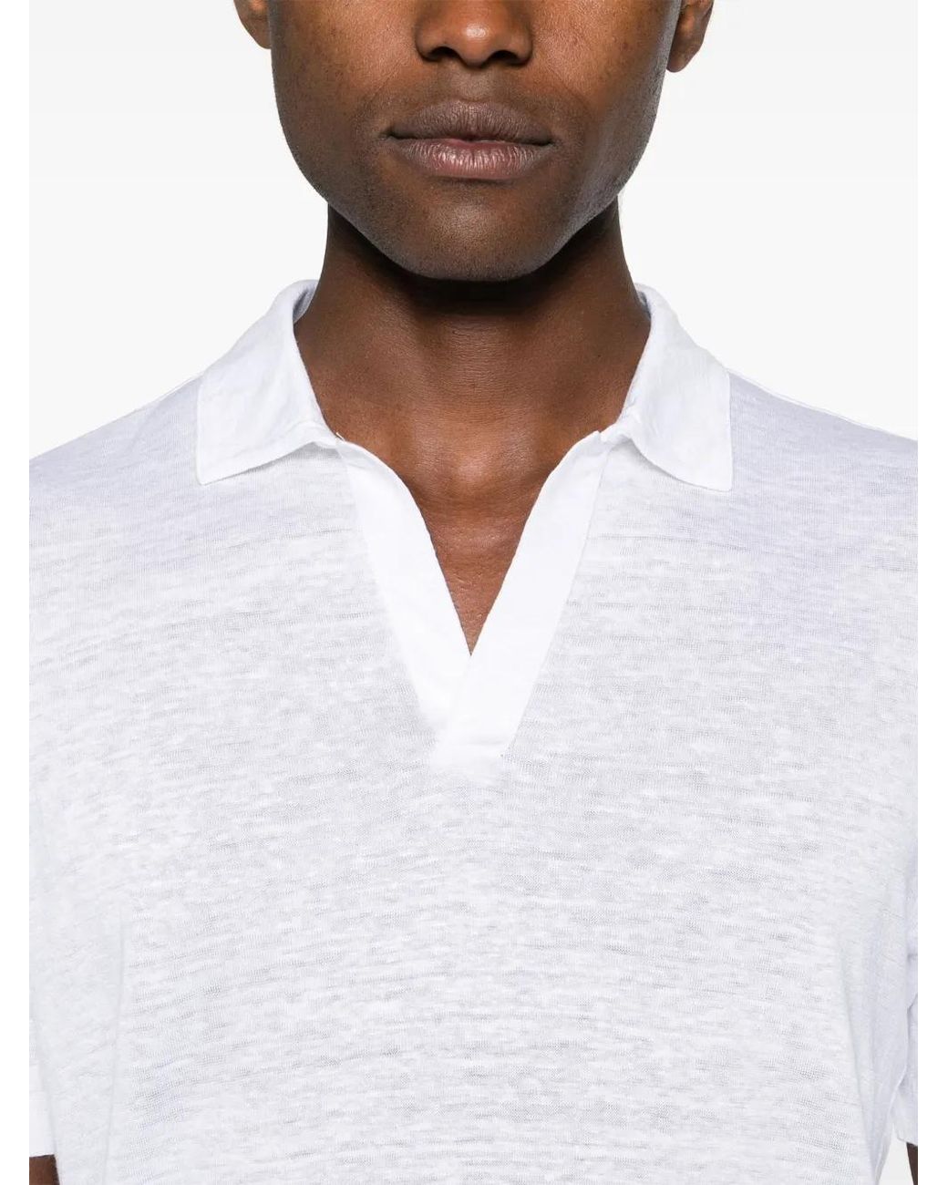 Barba Napoli White V-Neck Linen Polo Shirt for men
