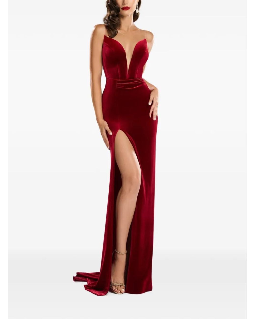 Cristallini Red Grace Velvet-Effect Slit Maxi Dress
