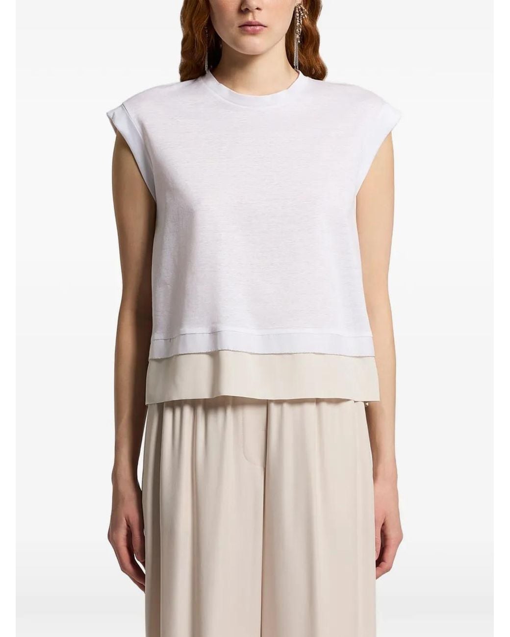 Peserico White Crew-Neck Cap-Sleeve Top