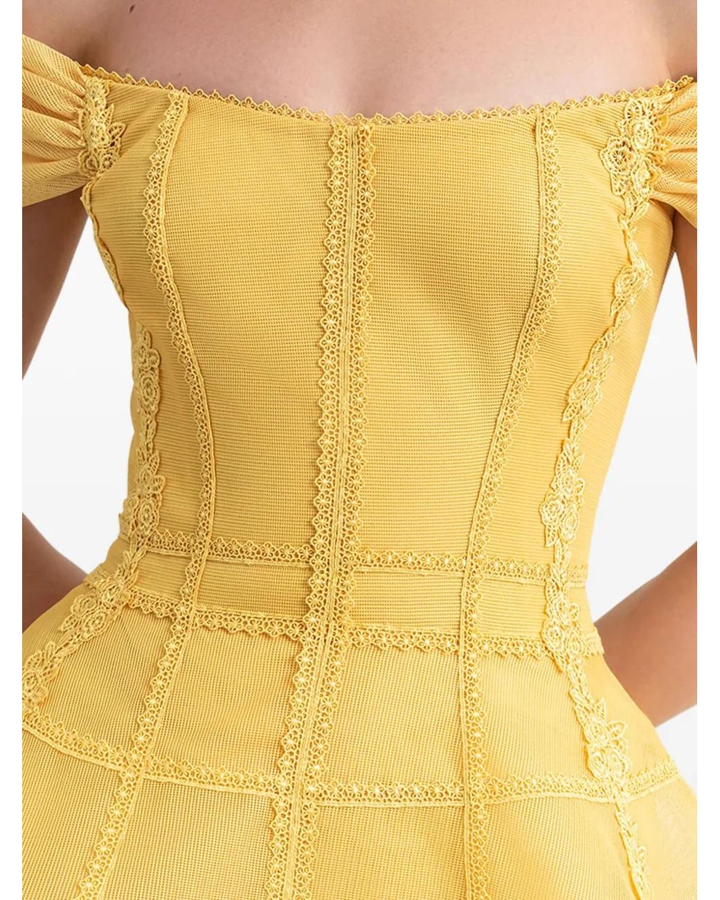 Gemy Maalouf Yellow Lace-Trim Off-The-Shoulder Dress