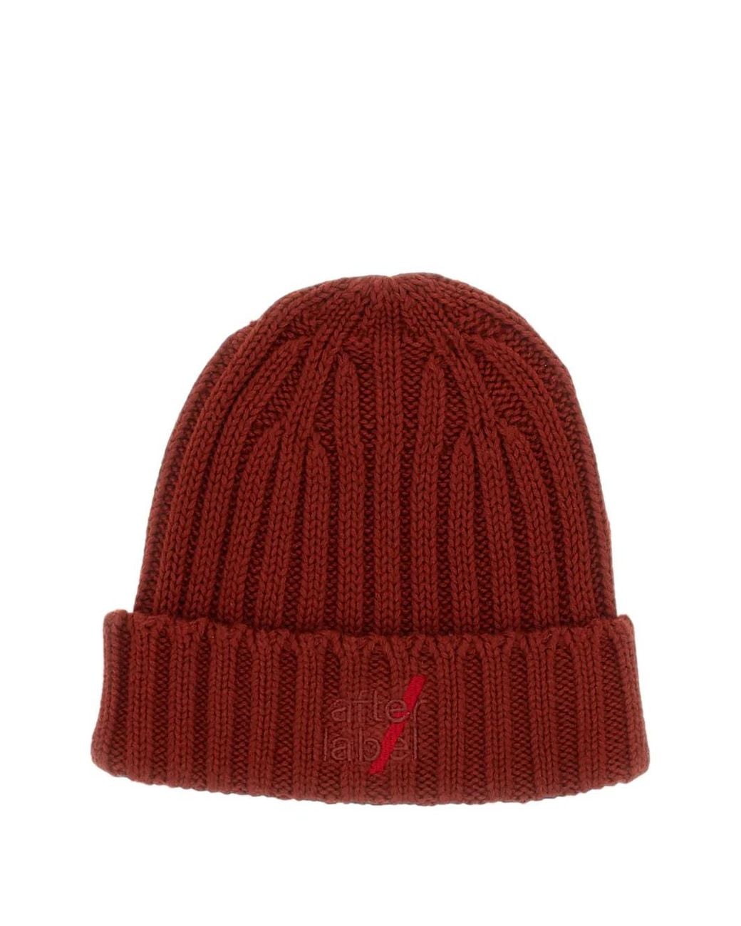 AFTER LABEL Red Ribbed-Knit Beanie Hat for men