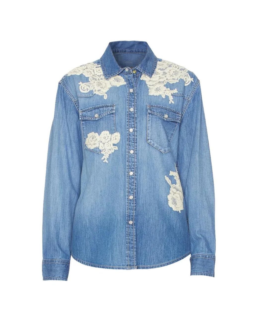 LoveShackFancy Denim Blouse Met Kanten Patch in het Blue