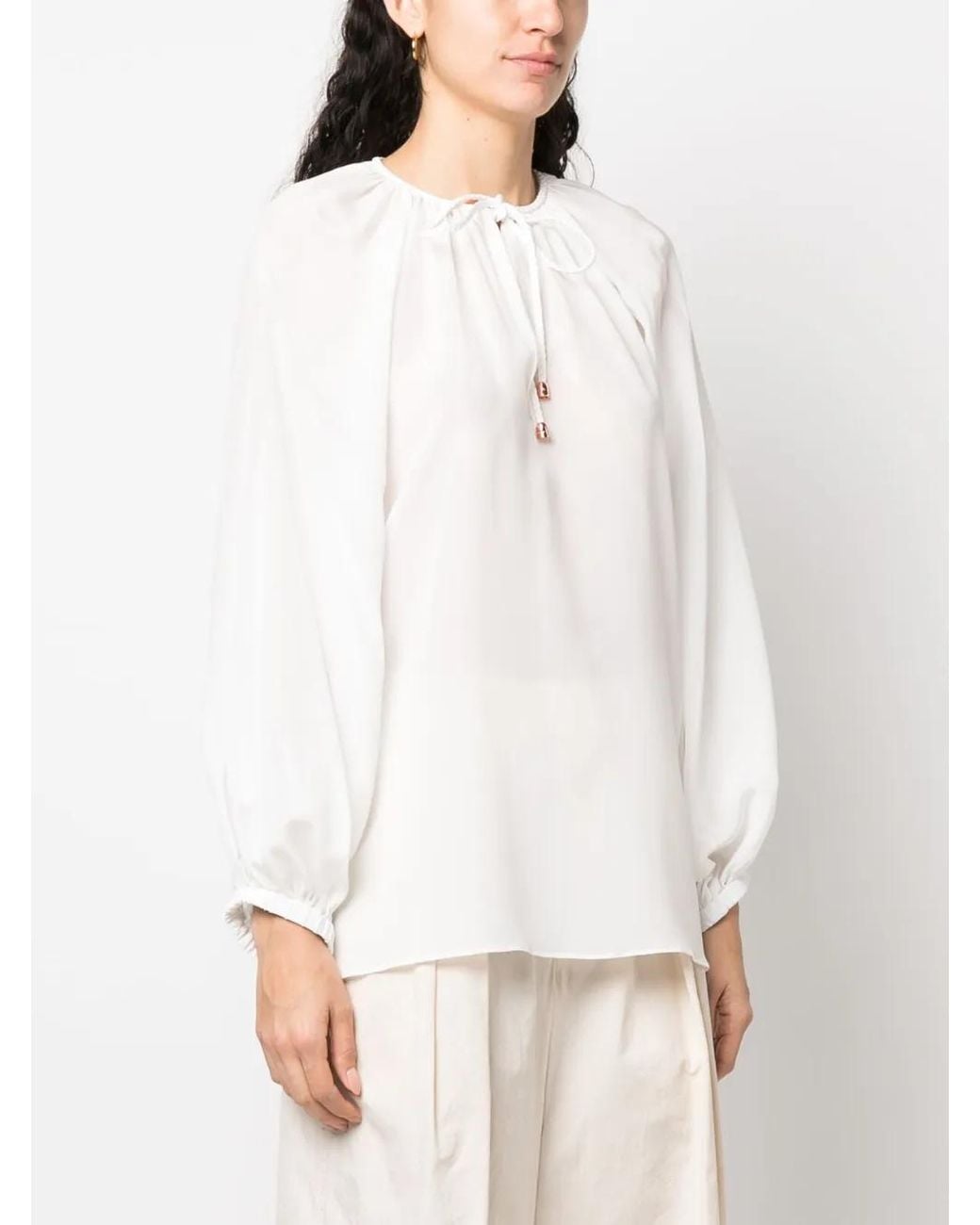 PHAEONIA White Self-Tie Silk Blouse