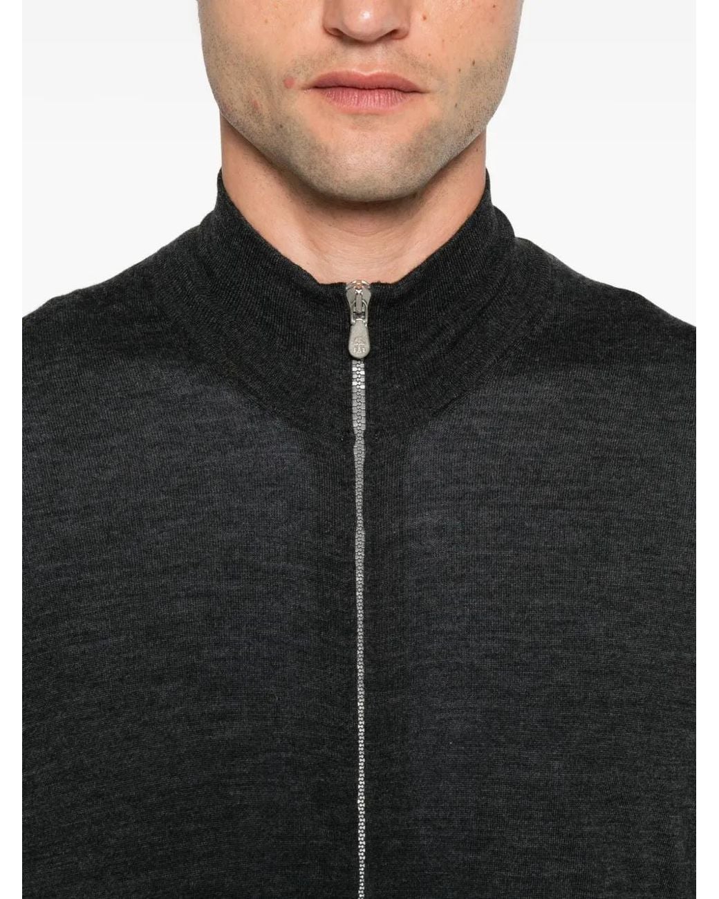 Brunello Cucinelli Black Zip-Up High-Neck Cardigan for men