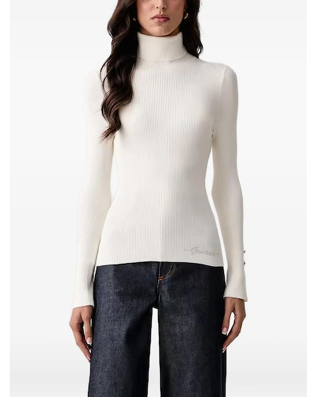 Guess White Ribbed Roll-Neck Sweater