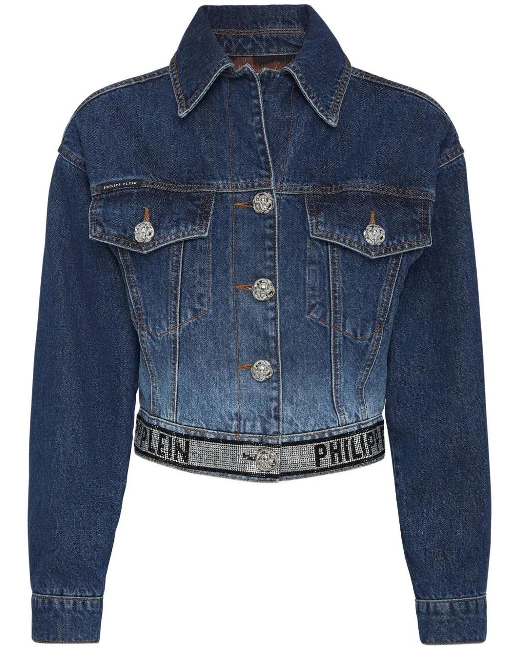 Philipp Plein Blue Crystal Cropped Denim Jacket