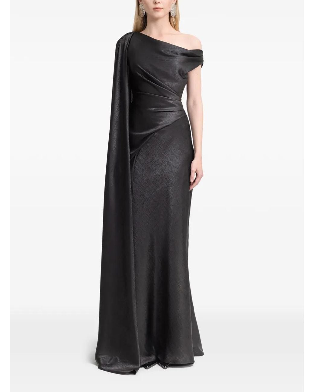 Gemy Maalouf Black Asymmetrical-Sleeve Draped Maxi Dress