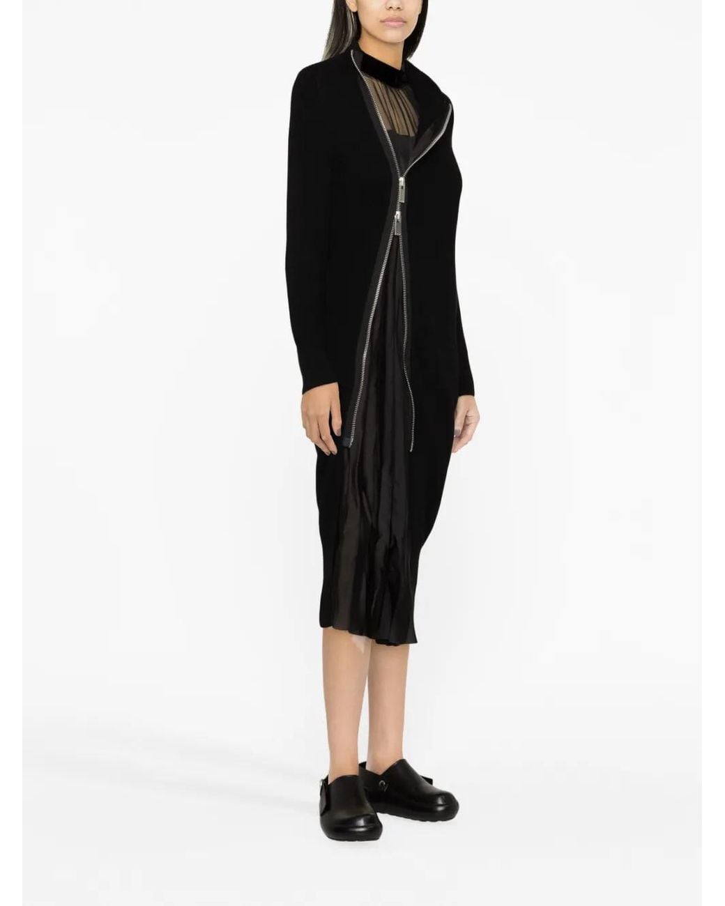 Sacai Black Layered Wool And Satin Dress