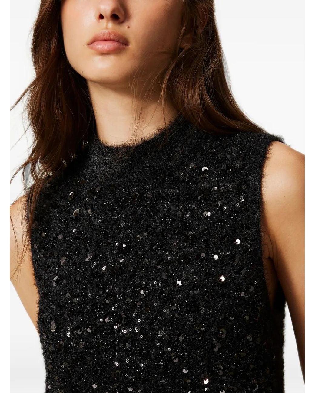 Twinset Black Short Turtleneck Knit Dress With Embroidery