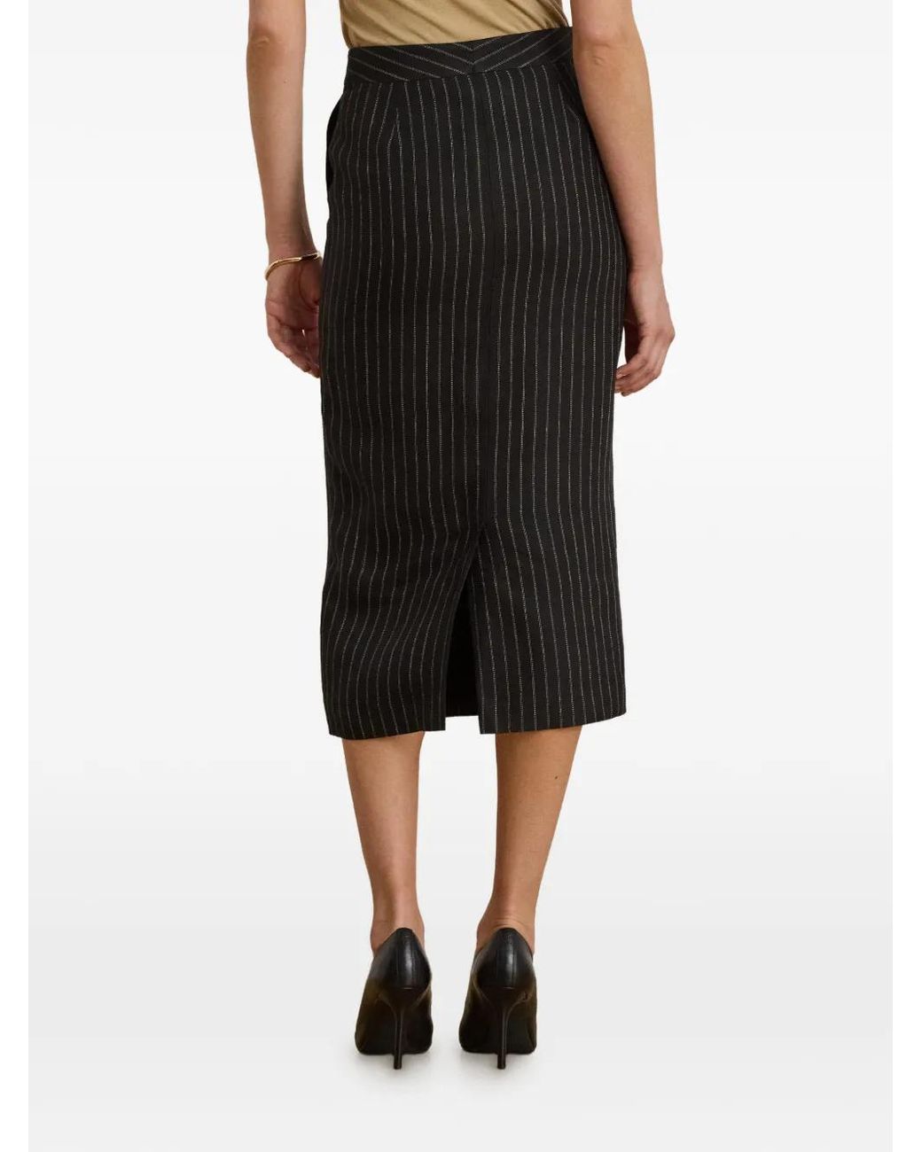 Ralph Lauren Black Chalk-Stripe Linen Midi Skirt
