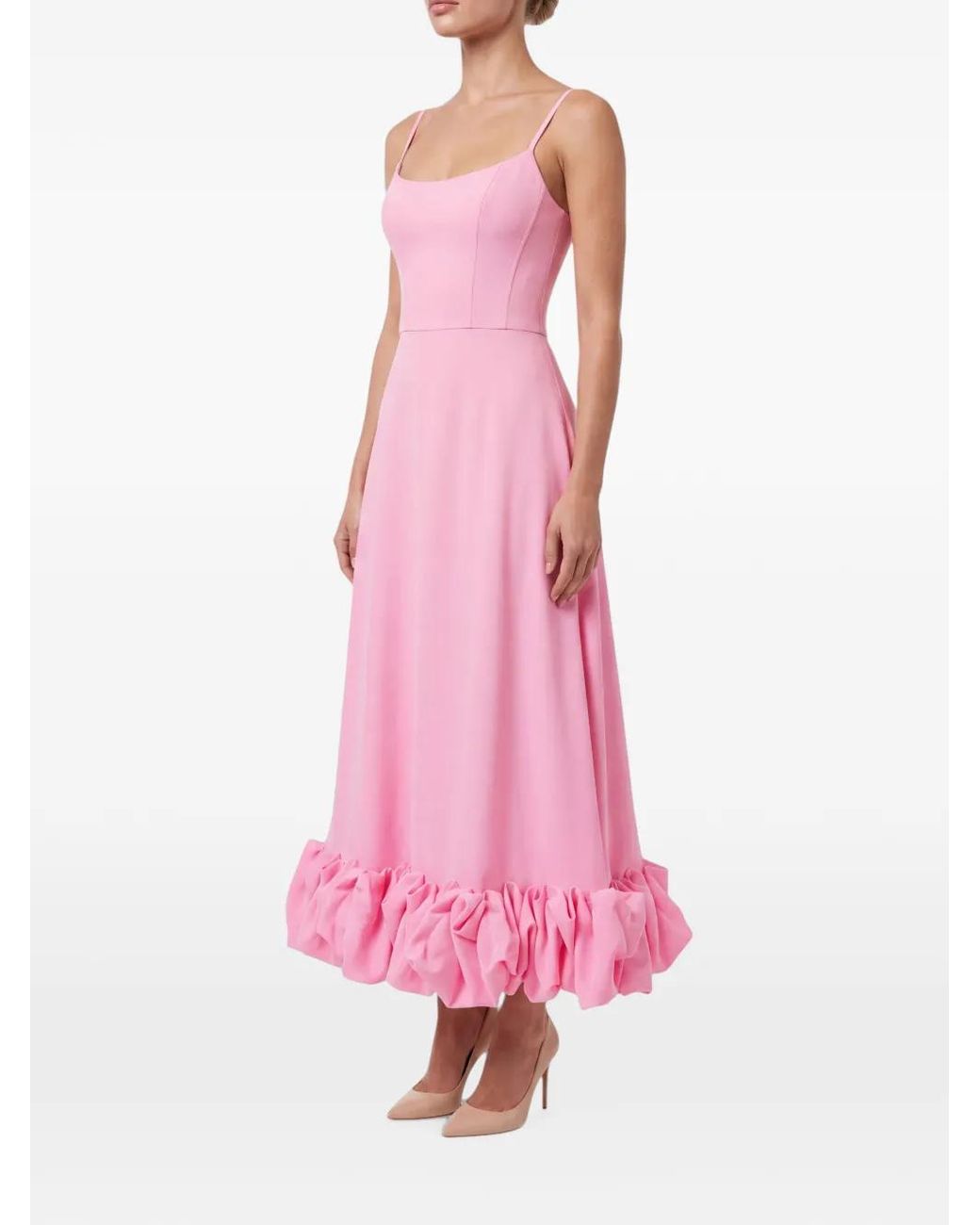 POST MERIDIEM Pink Scoop-Neck Flounce-Hem Midi Dress