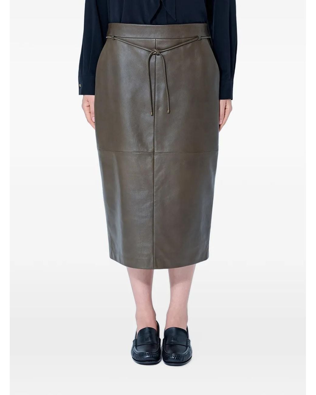 Max Mara Green Belted Leather Skirt
