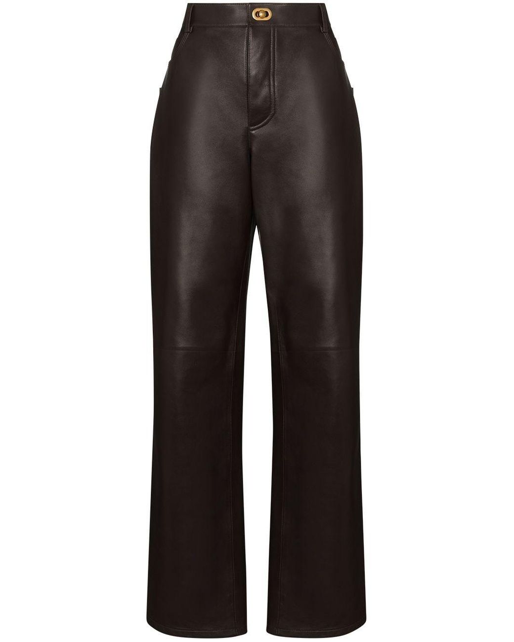 Bottega Veneta Leather Straight Leg Trousers in Brown - Lyst