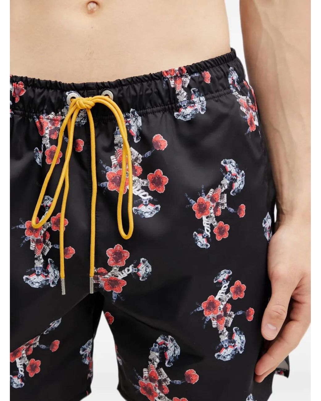 Rhude Black Short De Bain Fleuri À Lien De Resserrage for men