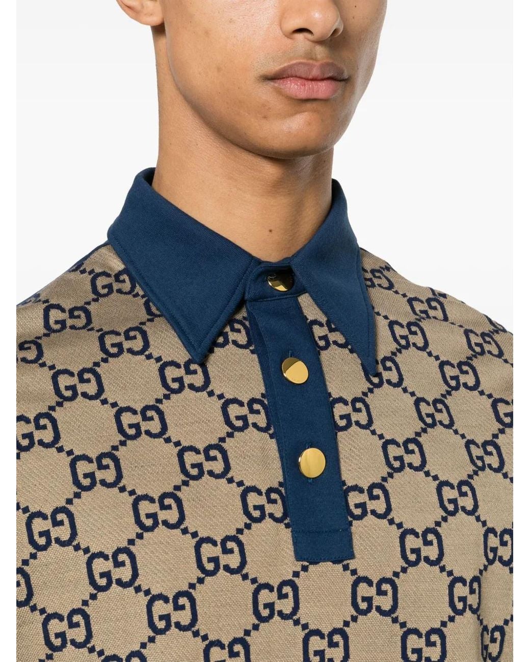 Gucci Blue Monogram Contrast-trim Silk And Cotton-blend Polo Shirt for men