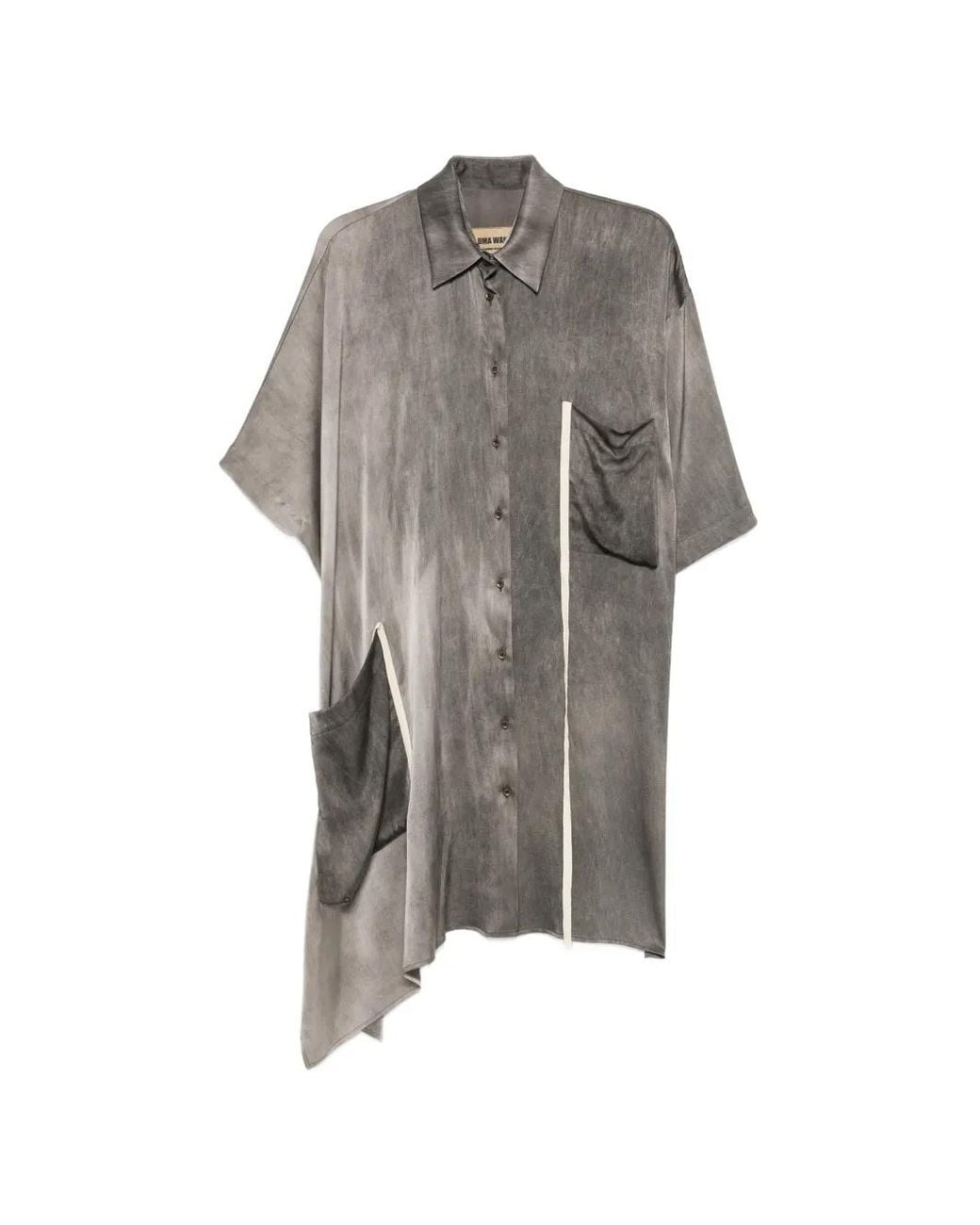 Uma Wang Gray Asymmetric-Hem Short-Sleeve Shirt
