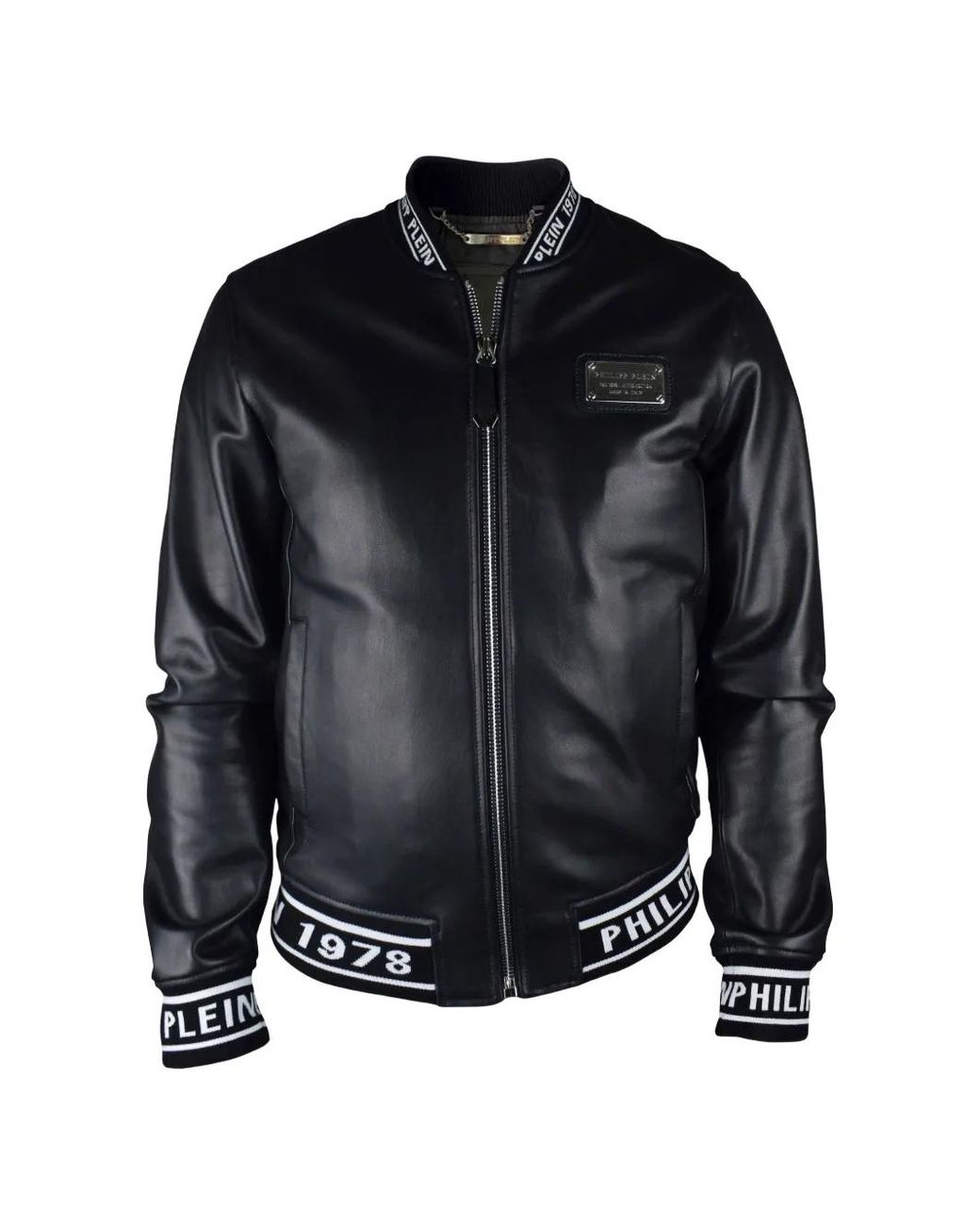 Philipp Plein Black Logo Leather Bomber Jacket for men