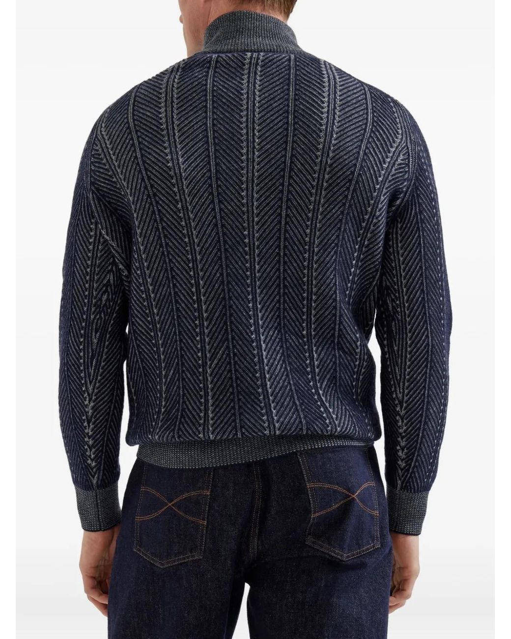 Brunello Cucinelli Blue Herringbone Cashmere Half-Zip Sweater for men