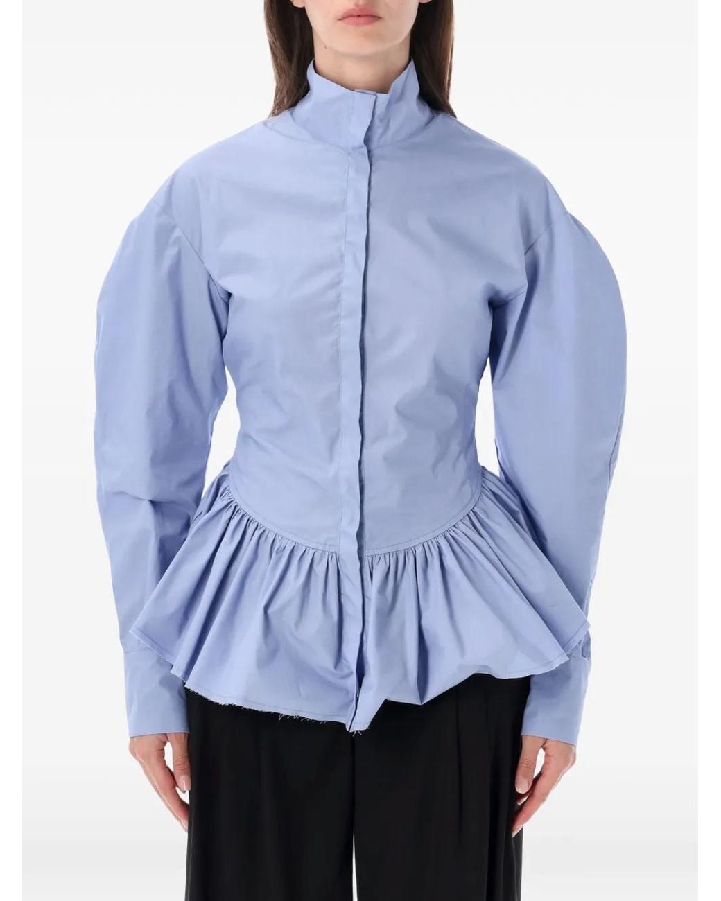 Thelatest Blue Elaine Peplum-Hem Puff-Sleeve Shirt