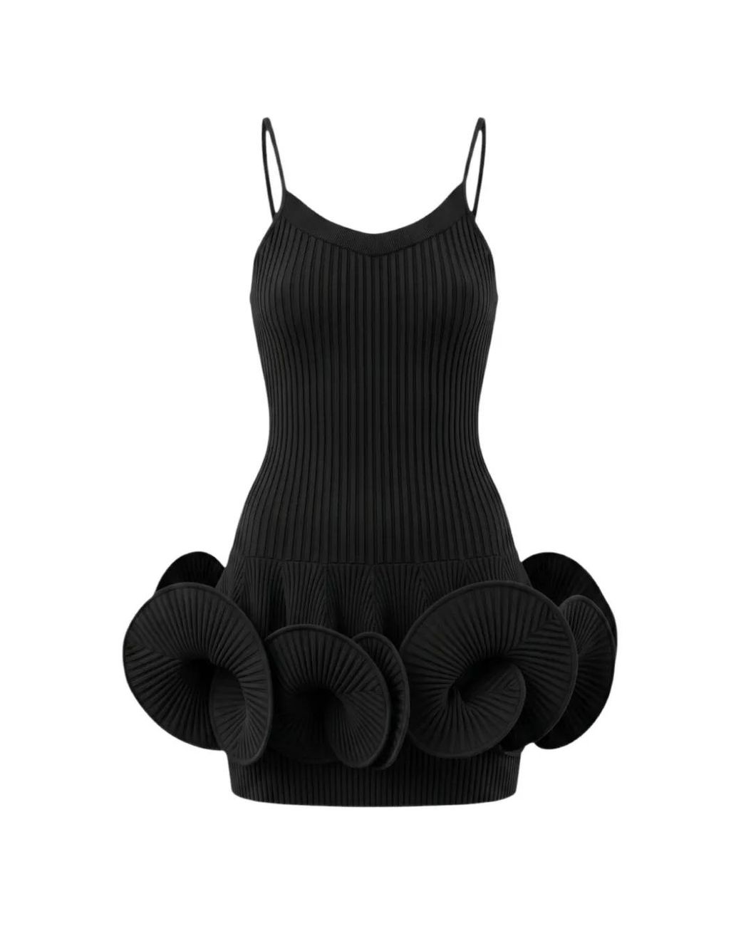 David Koma Black Pleated-Ruffle Ribbed-Knit Mini Dress